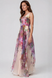 Sleeveless V-Neck Floral Print Organza Gown