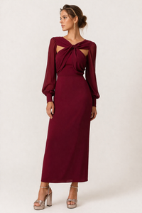 Isolde Knot-Front Long Sleeve Midi Dress