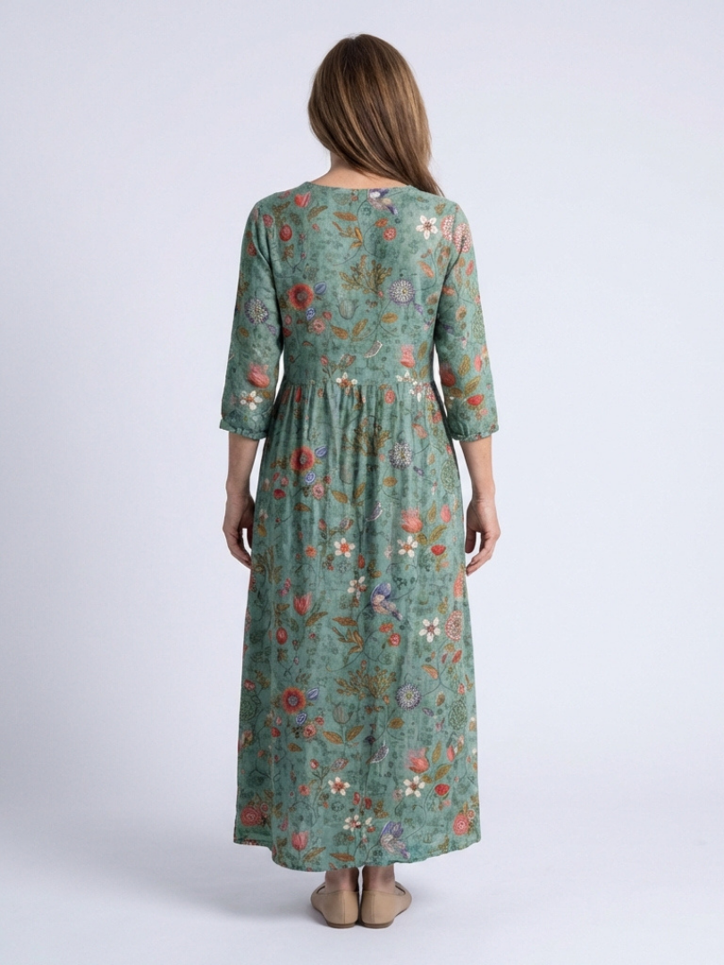 Zara – Floral V-Neck Maxi Dress with Three-Quarter Sleeves
