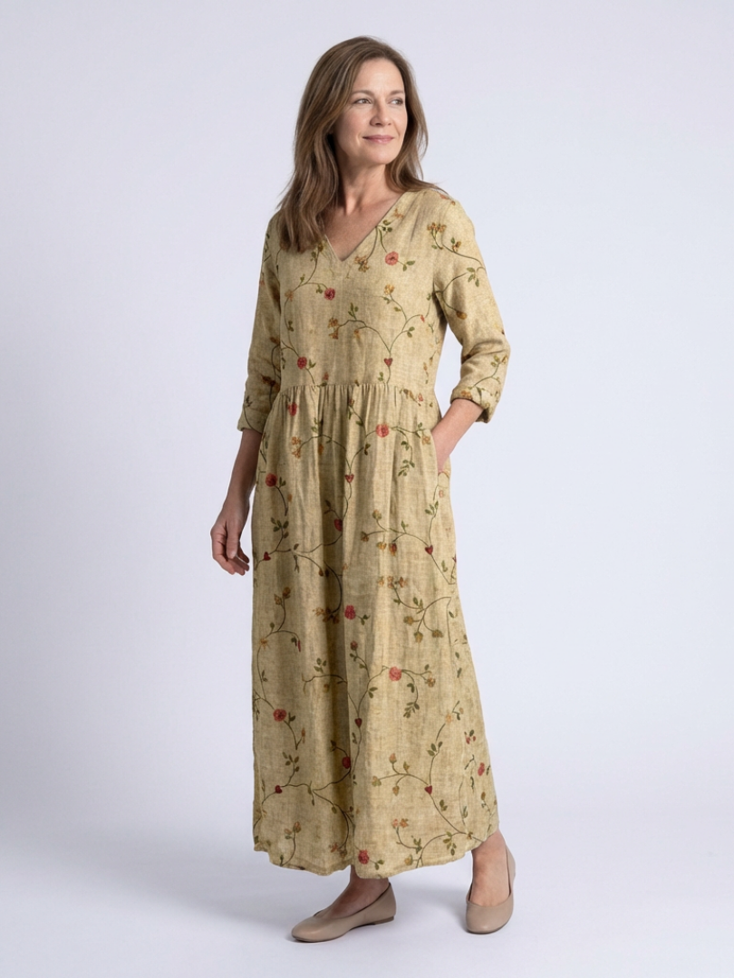 Zara – Floral V-Neck Maxi Dress with Three-Quarter Sleeves