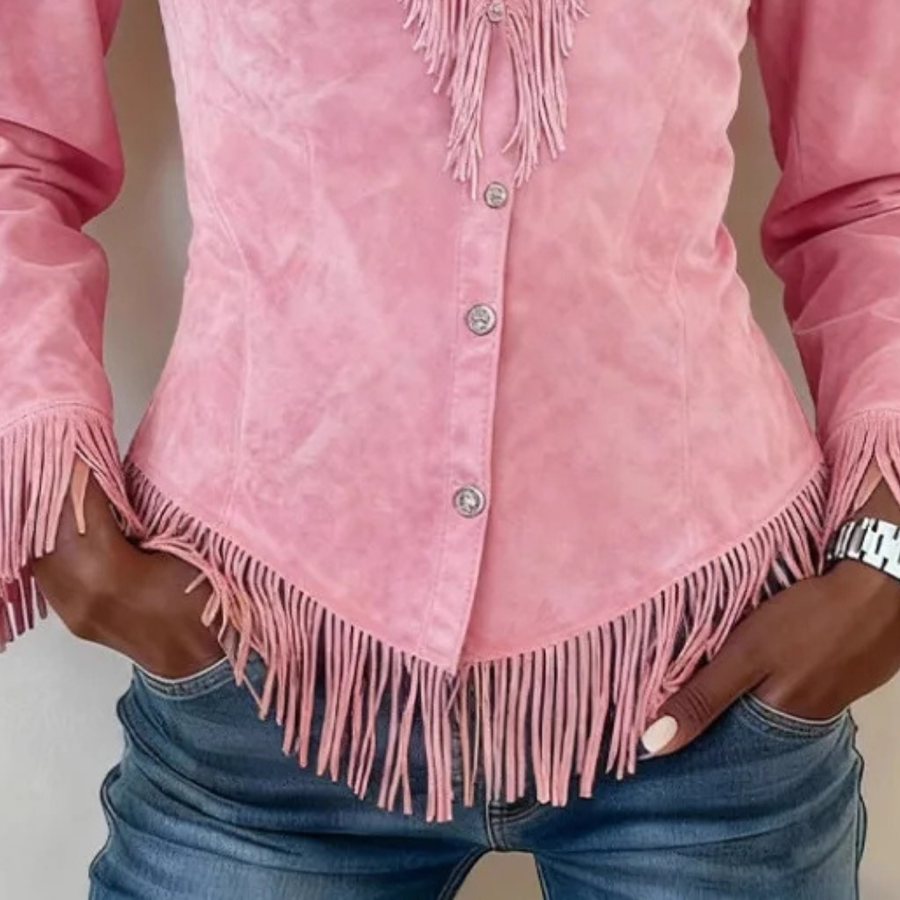 Nyx – Fringe Suede Button-Up Blouse for Cooler Days
