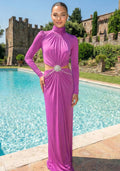Long Sleeve Crystal Draped Maxi Dress Magenta