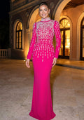 Long Sleeve Pearl Backless Maxi Dress Hot Pink