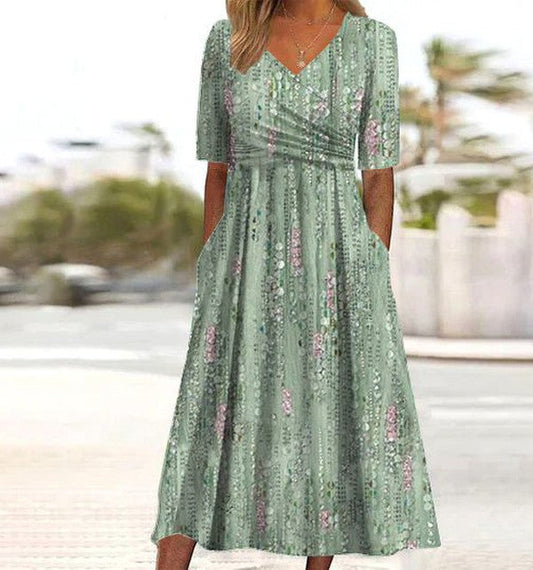 Audrey | Womens Boho Floral A Line Midi Dress Green