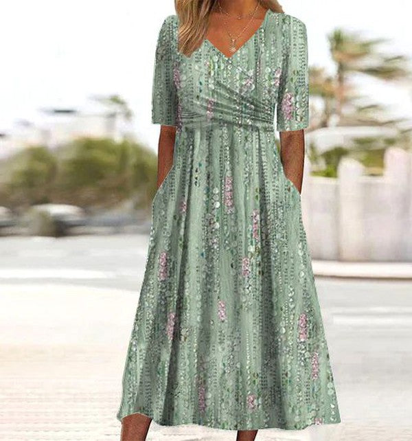 Audrey | Womens Boho Floral A Line Midi Dress Green