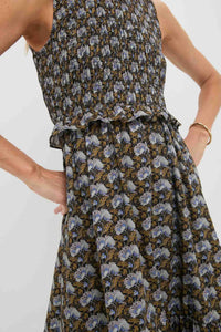 Black Leafy Floral Smocked Seaton Midi Dress