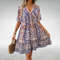 Mabel | Women's Boho Printed V Neck Mini Dress Blue