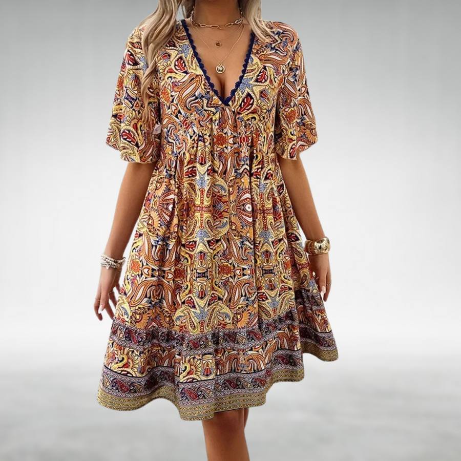 Mabel | Women's Boho Printed V Neck Mini Dress Yellow