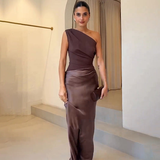 Maya | Women Wedding Guest Dress One-Shoulder Evening Dress Dark Brown