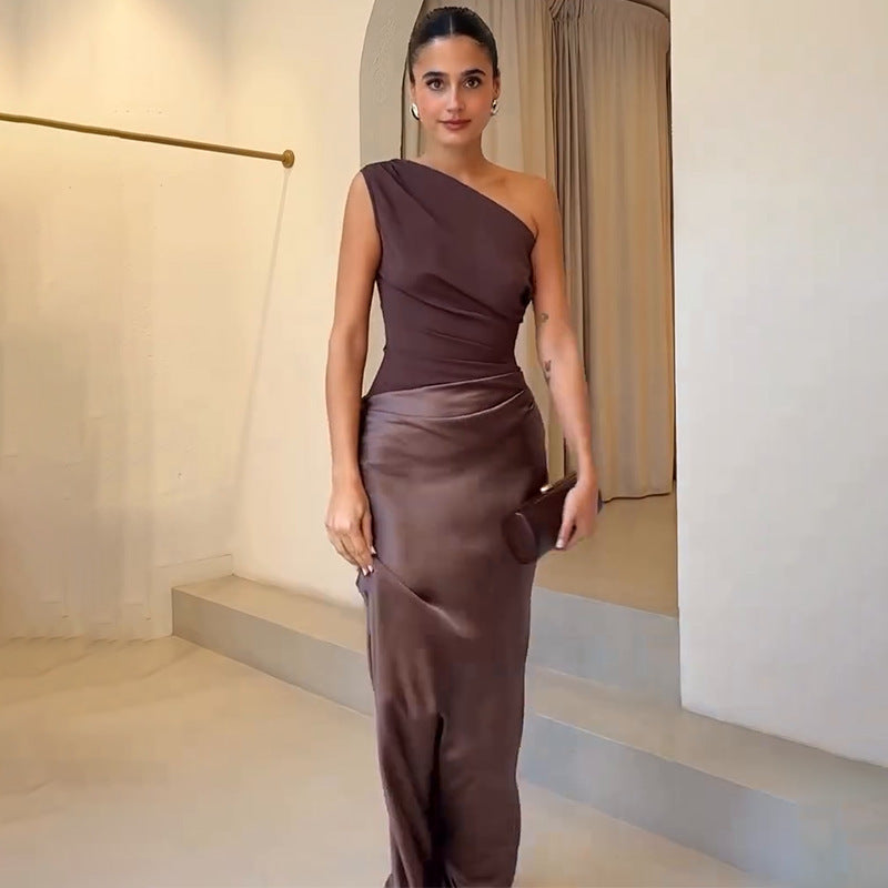 Maya | Women Wedding Guest Dress One-Shoulder Evening Dress Dark Brown