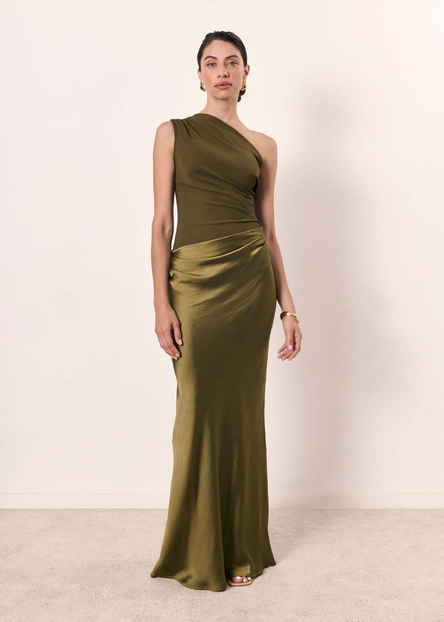 Maya | Women Wedding Guest Dress One-Shoulder Evening Dress Matcha