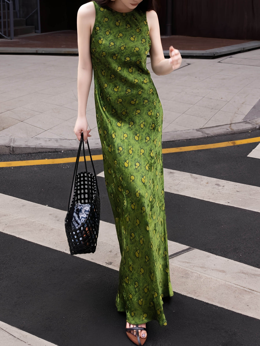 100% Rayon Printed Maxi Dress – Elegant Waist-Slimming Summer Silk-Feel Long Dress
