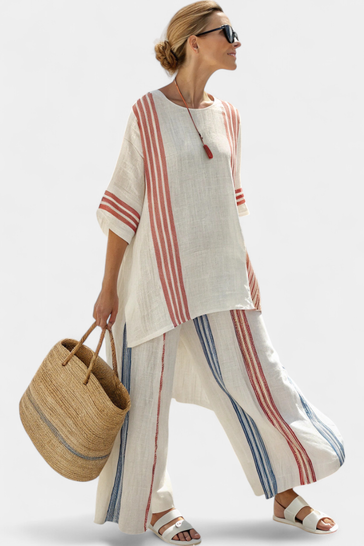 Letitia – Sophisticated Multicoloured Striped Top and Mediterranean-Inspired Trousers