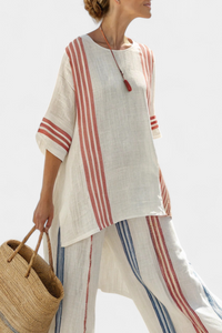 Letitia – Sophisticated Multicoloured Striped Top and Mediterranean-Inspired Trousers