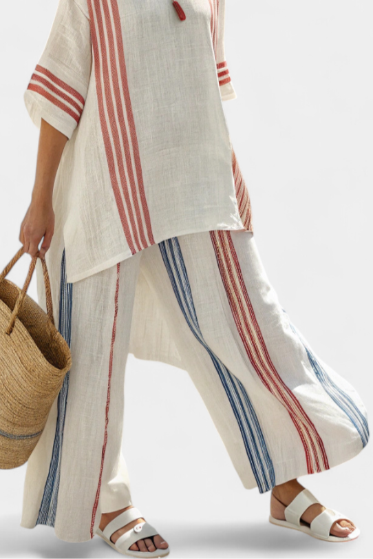 Letitia – Sophisticated Multicoloured Striped Top and Mediterranean-Inspired Trousers