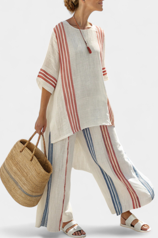 Letitia – Sophisticated Multicoloured Striped Top and Mediterranean-Inspired Trousers