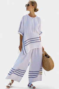 Lilibet – Sophisticated Striped Asymmetric Top and Bold Trousers