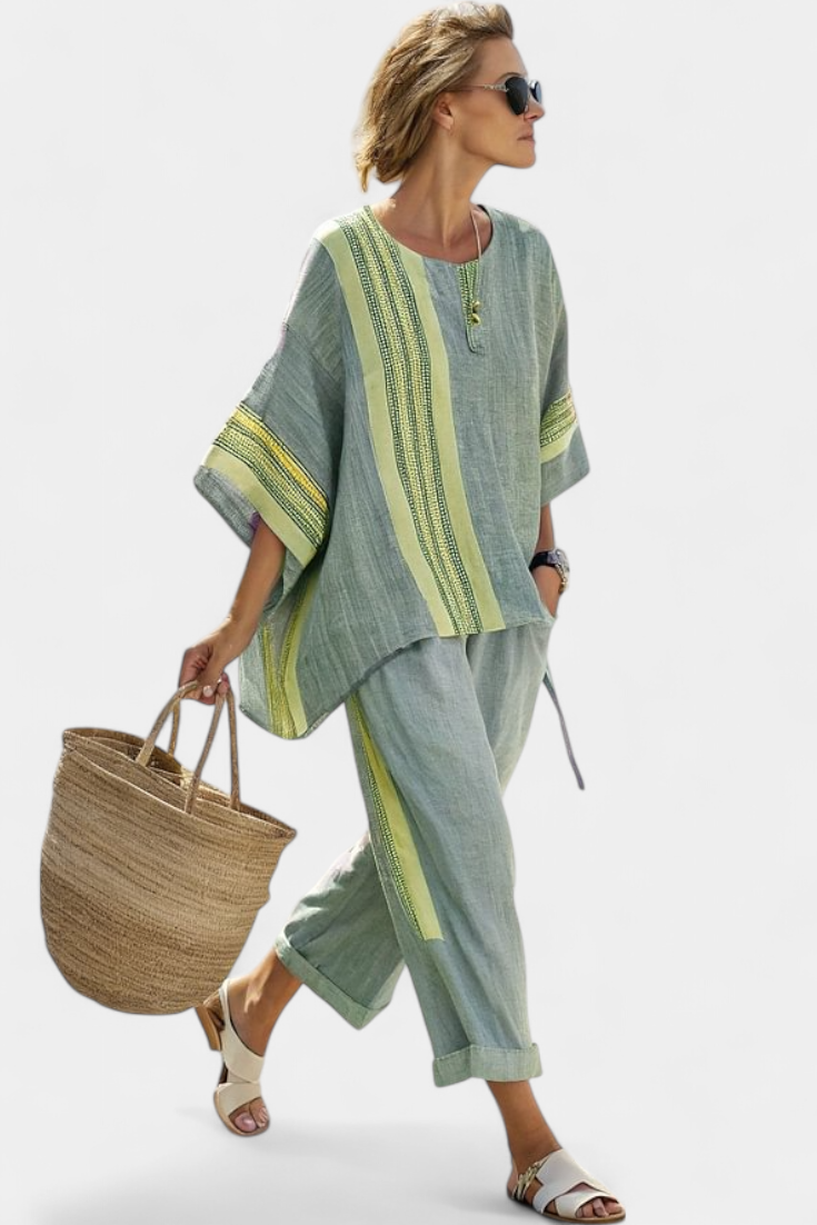 Elowric | Elegant Lavender Top & Mustard Striped Pants Green