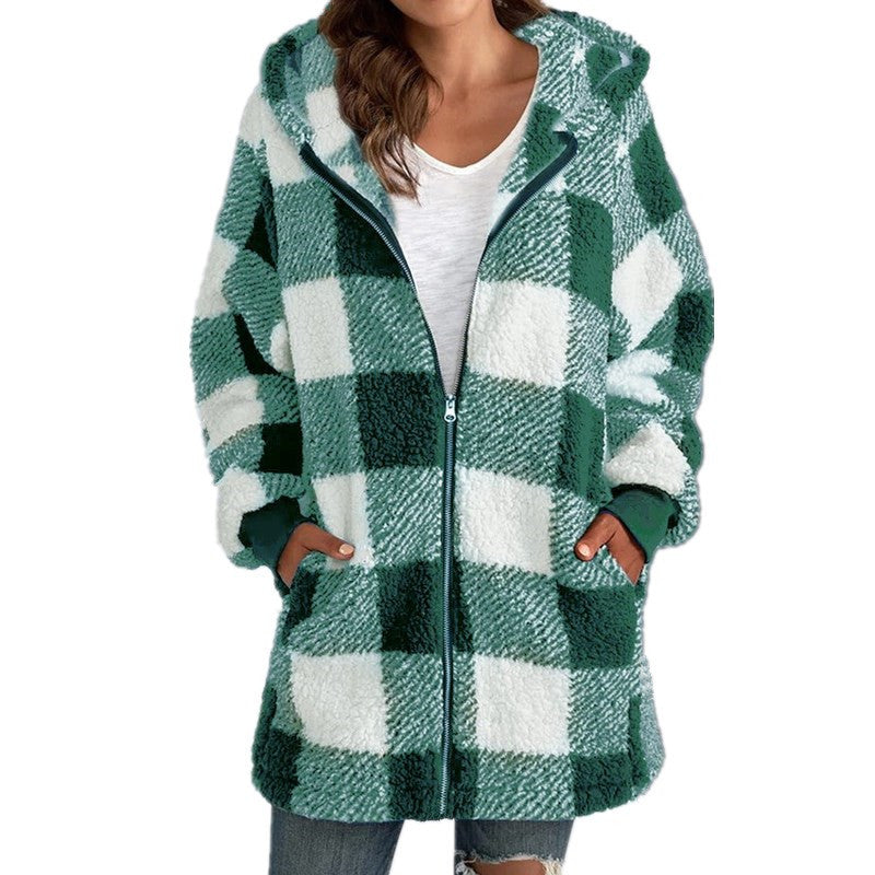 Arabella - Plaid Fleece Long Sleeve Hooded Coat Light green