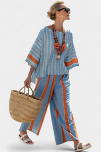 Lyra – Sophisticated Terracotta Striped Top and Linen Trousers
