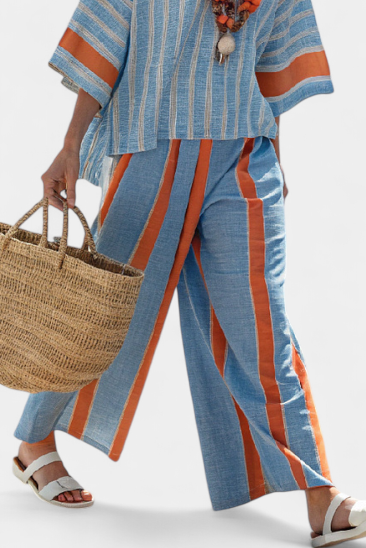 Lyra – Sophisticated Terracotta Striped Top and Linen Trousers