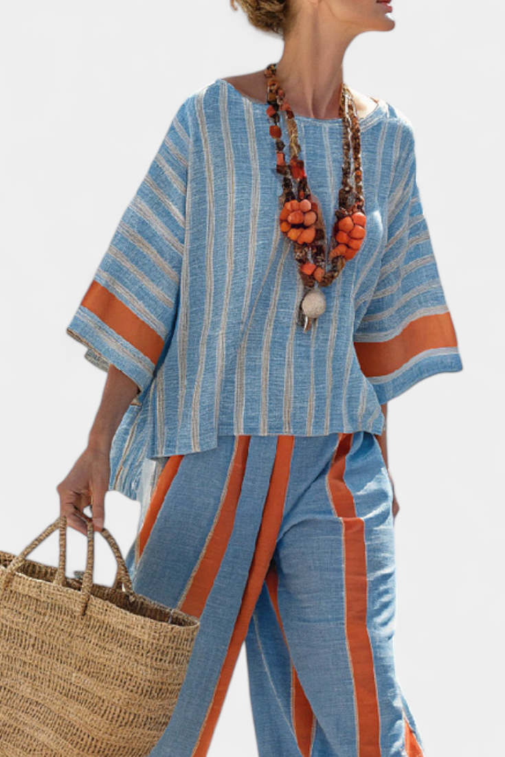 Lyra – Sophisticated Terracotta Striped Top and Linen Trousers
