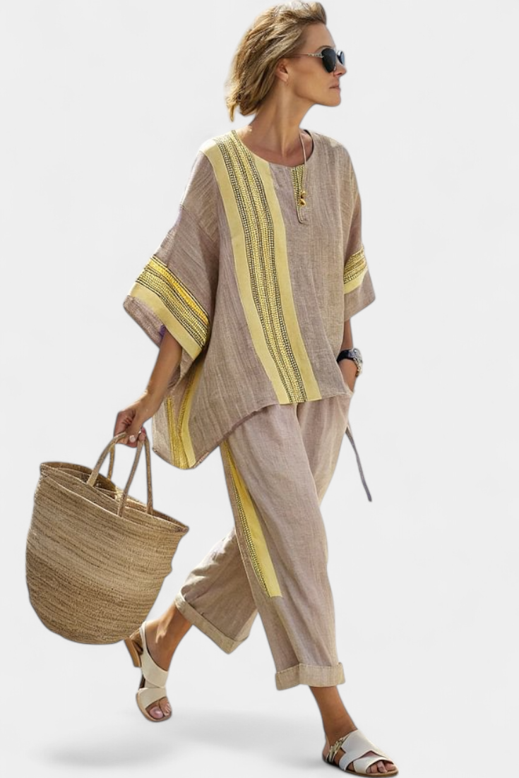 Elowric | Elegant Lavender Top & Mustard Striped Pants Yellow