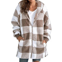 Arabella - Plaid Fleece Long Sleeve Hooded Coat Khaki