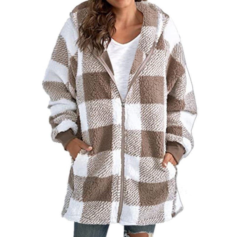 Arabella - Plaid Fleece Long Sleeve Hooded Coat Khaki