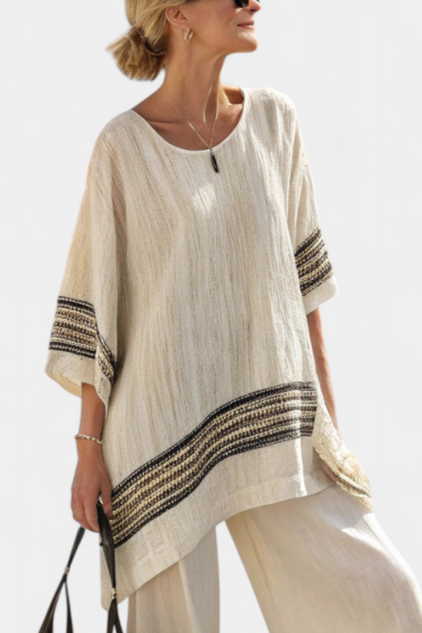 Harriet – Elegant Black-Striped Linen Top and Flowing Trousers