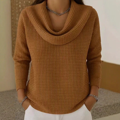 Karen  Warm Waffle Knit Sweater With Elegant Cowl Neck Brown