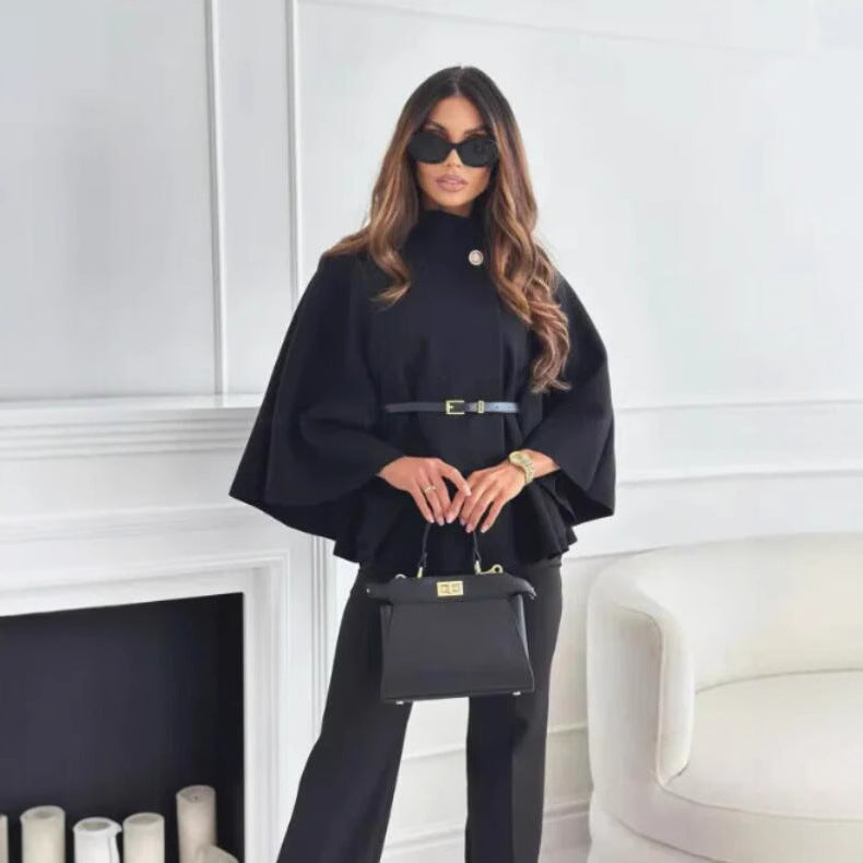 Hattie - Cozy High Neck Buttoned Cape Black