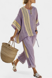 Elowric | Elegant Lavender Top & Mustard Striped Pants Purple