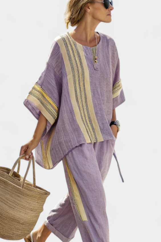 Lucinda – Elegant Lavender Top and Mustard Striped Trousers
