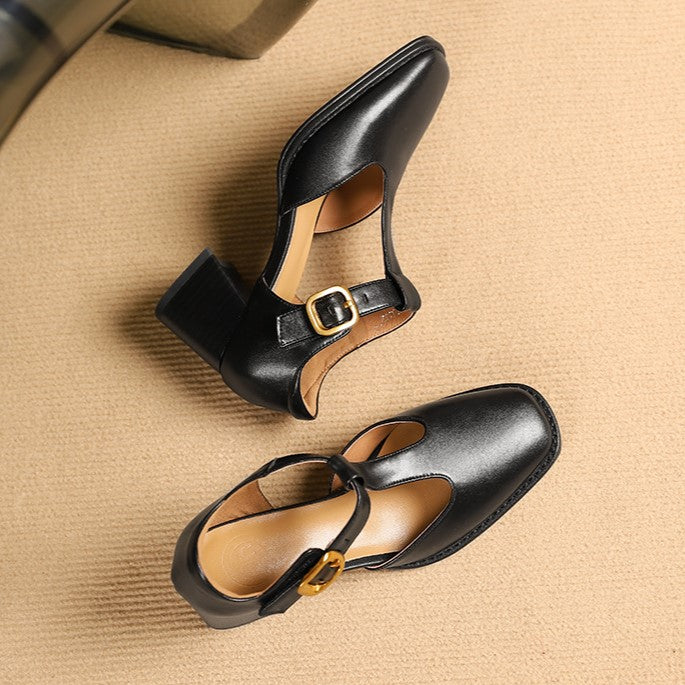 Albie - T-strap Leather Pumps with Block Heel