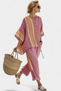 Lucinda – Elegant Lavender Top and Mustard Striped Trousers