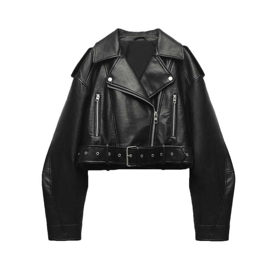 Zaireth Cropped Biker Jacket with Belt