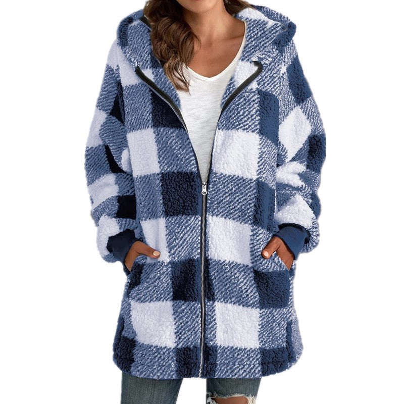 Arabella - Plaid Fleece Long Sleeve Hooded Coat Blue