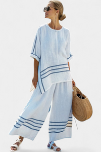 Lilibet – Sophisticated Striped Asymmetric Top and Bold Trousers