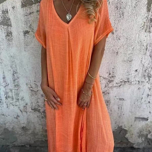 Naia - V-Neck Dress in Cotton & Linen