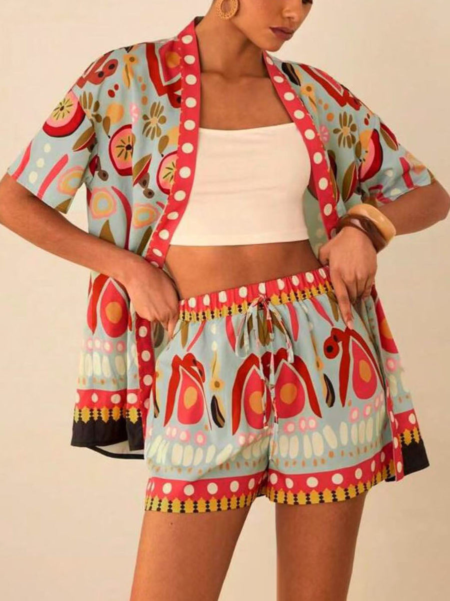 Arlena Kimono Top and Shorts Set with Spring Print