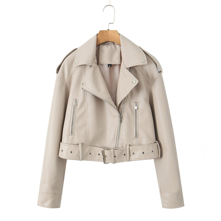 Zaireth Cropped Biker Jacket with Belt