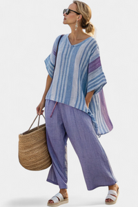 Camilla – Elegant Lavender and Sky Blue Top with Linen Trousers