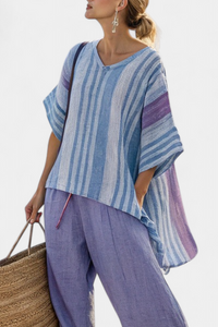 Camilla – Elegant Lavender and Sky Blue Top with Linen Trousers