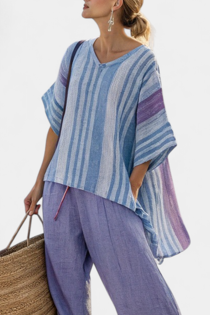 Camilla – Elegant Lavender and Sky Blue Top with Linen Trousers