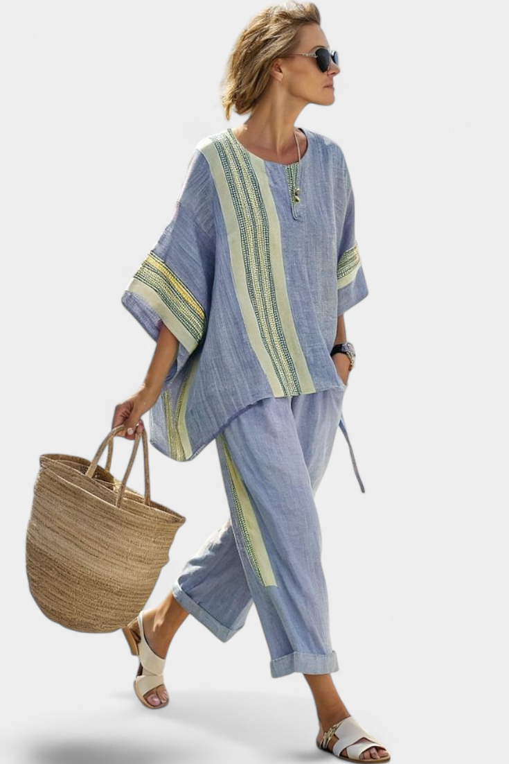 Elowric | Elegant Lavender Top & Mustard Striped Pants Blue