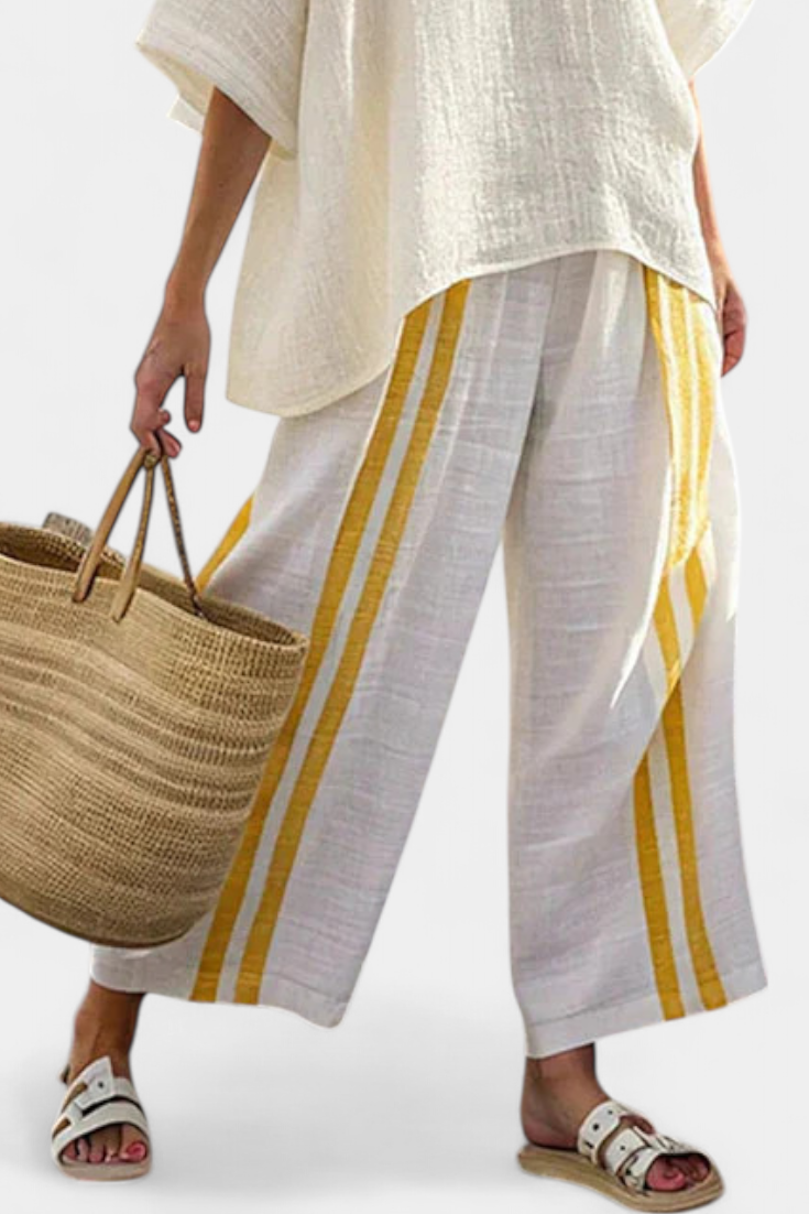 Alina – Elegant Yellow Striped Linen Top and Wide-Leg Trousers