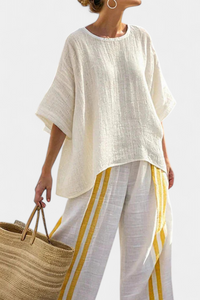 Alina – Elegant Yellow Striped Linen Top and Wide-Leg Trousers
