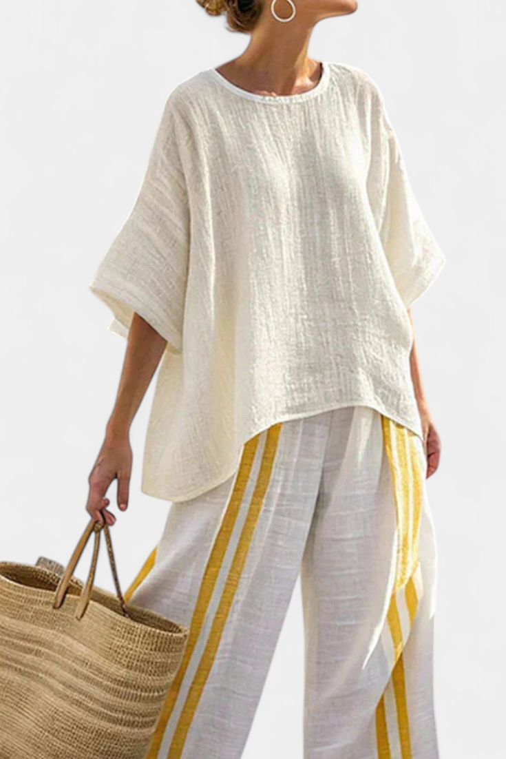 Alina – Elegant Yellow Striped Linen Top and Wide-Leg Trousers