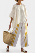 Alina – Elegant Yellow Striped Linen Top and Wide-Leg Trousers